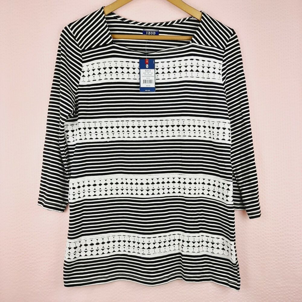 NEW Izod Caviar Stripe Top Women Blouse Black and White Long Sleeve Size M